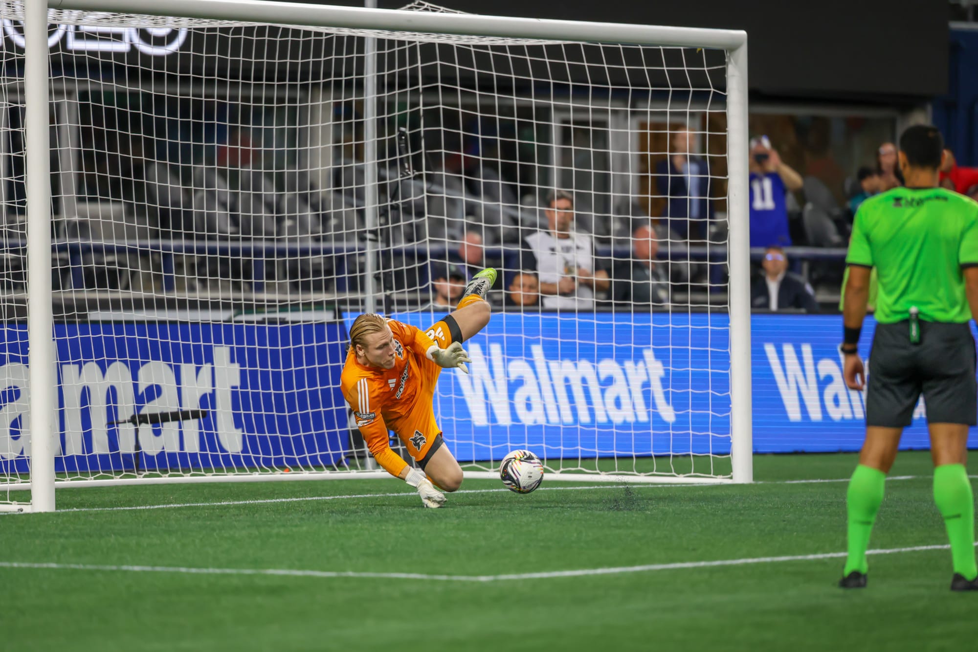 Sounders FC goalkeeper Andrew Thomas saves a penalty in the shootout against Club Puebla